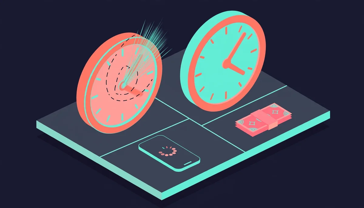 Two clocks, one fast one slow, with banknote and phone